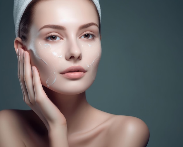 Belle femme soins de la peau crème pour le visage tourné en studio fond isolé