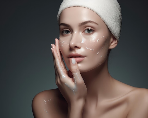 Belle femme soins de la peau crème pour le visage tourné en studio fond isolé