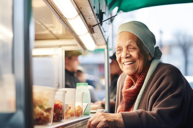 Belle femme souriante de 80 ans vendant de la nourriture de rue dans un camion au festival