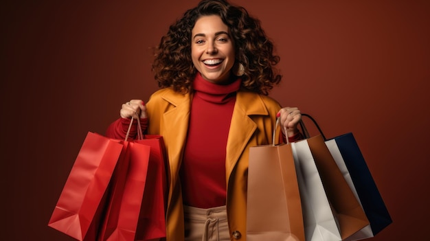 Belle femme souriante et attrayante tenant des sacs à provisions posant sur fond marron