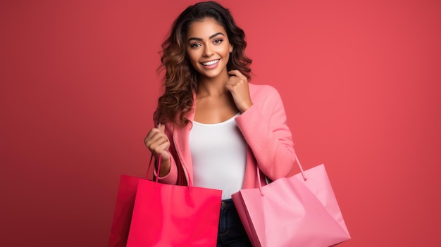 Belle femme souriante et attrayante tenant des sacs à provisions posant sur fond rose