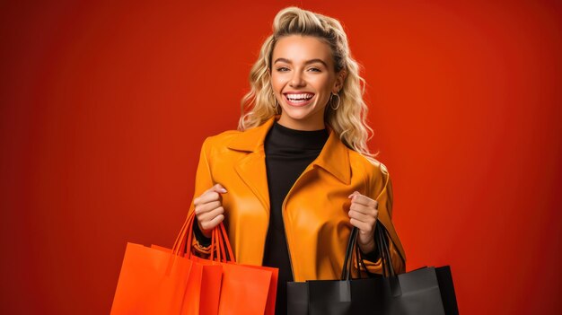 Belle femme souriante et attrayante tenant des sacs à provisions posant sur fond rouge