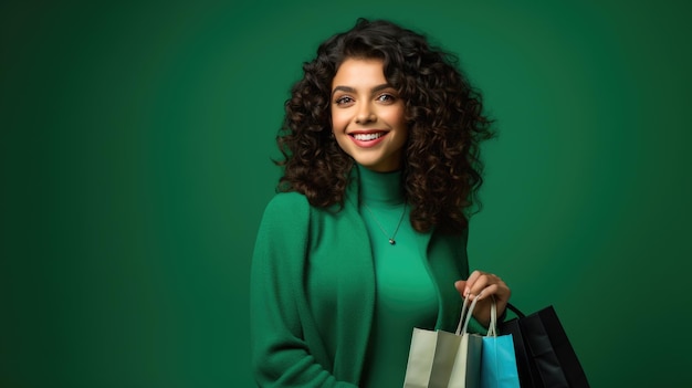 Belle femme souriante et attrayante tenant des sacs à provisions posant sur fond vert