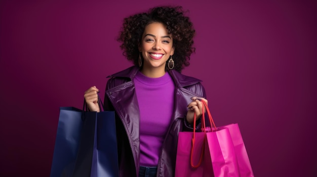 Belle femme souriante et attrayante tenant des sacs à provisions posant sur fond violet