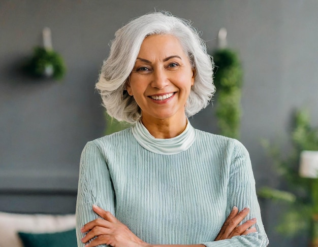 belle femme souriante aux cheveux blancs regardant la caméra les bras croisés à l'intérieur de la maison