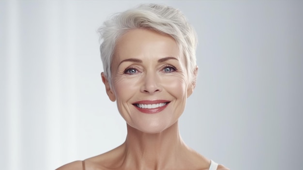 Photo belle femme souriante d'une cinquantaine d'années sur un fond blanc