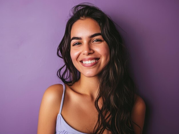 Une belle femme souriante sur un fond violet