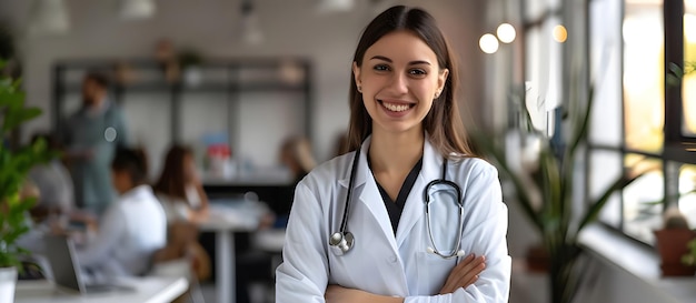 Belle femme souriante sur le lieu de travail Docteur femme avec stéthoscope isolé sur le fond du bureau