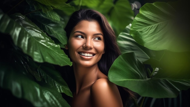 Belle femme souriante avec une peau impeccable entourée de verdure Image AI générative