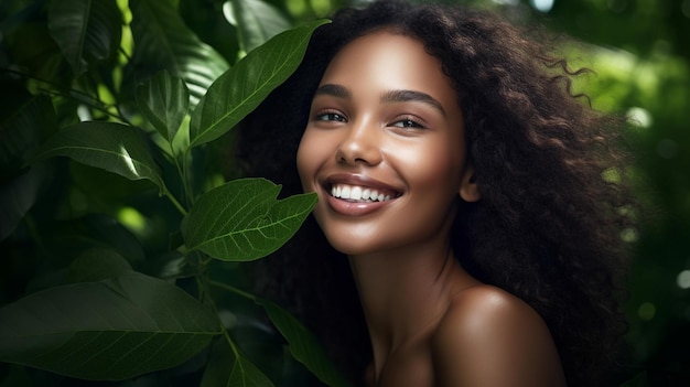 Belle femme souriante avec une peau impeccable entourée de verdure Image AI générative