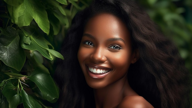 Belle femme souriante avec une peau impeccable entourée de verdure Image AI générative