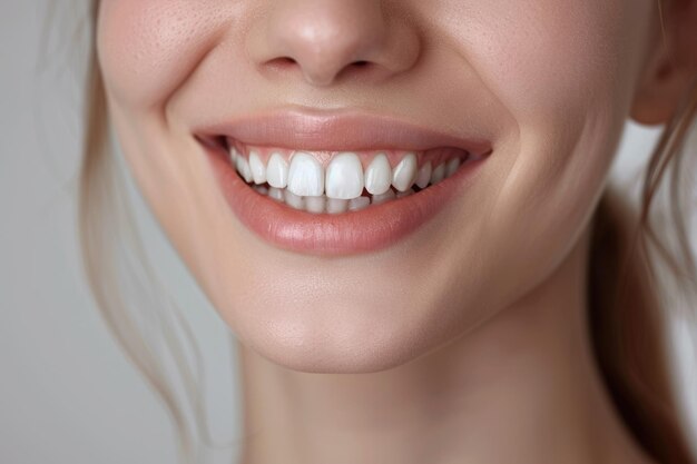 Une belle femme souriante avec une peau propre, un maquillage naturel et des dents blanches sur un fond gris.