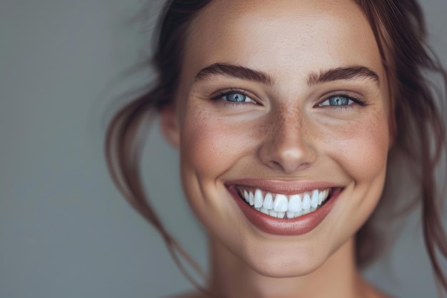 Une belle femme souriante avec une peau propre, un maquillage naturel et des dents blanches sur un fond gris.