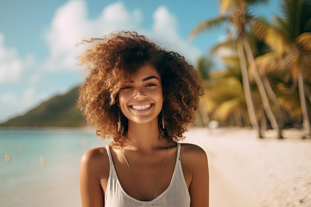 Belle femme souriante sur une plage des Caraïbes