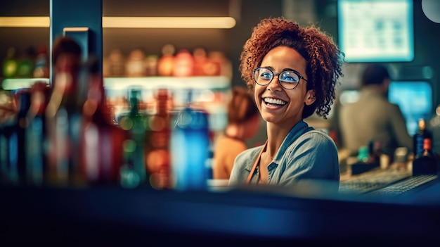 Une belle femme souriante qui sert de caissière au supermarché.