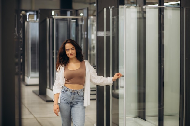 Photo belle femme souriante à la recherche d'une cabine de douche dans un magasin de meubles de salle de bain photo de haute qualité