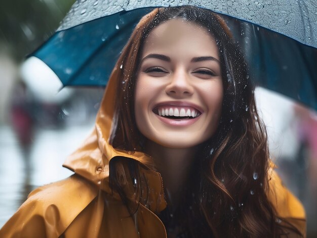 Une belle femme souriante regardant la caméra en train de profiter de la pluie