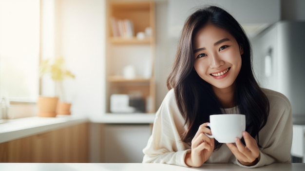 Belle femme souriante avec une tasse de café dans la cuisine de sa maison