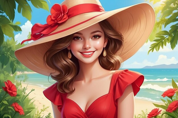 Belle femme avec un sourire charmant dans une robe rouge grand chapeau en été temps ensoleillé carte d'illustration romantique