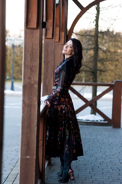 Belle femme avec sourire en robe près de main courante en bois