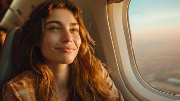 Une belle femme sourit assise dans un avion et profite de la vue du coucher de soleil Arrière-plan des voyages touristiques
