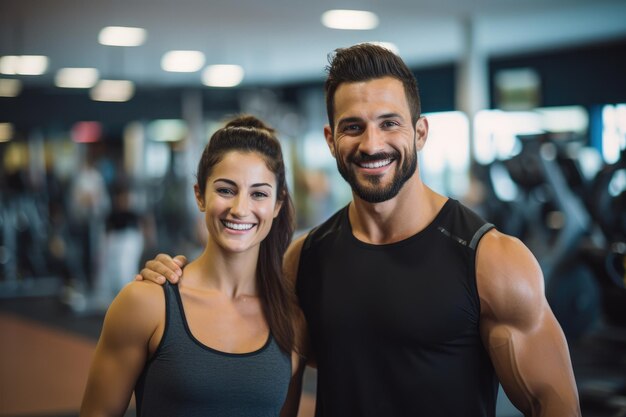 Belle femme sportive et homme souriant entraîneur de fitness dans la salle de sport