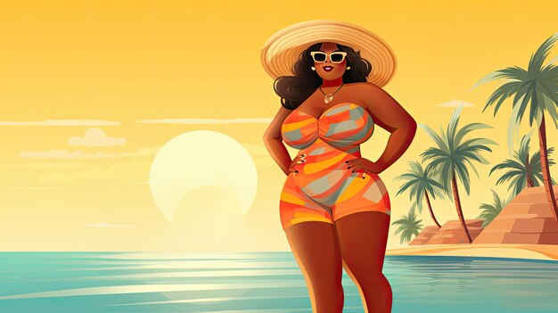 Belle femme de taille plus sur la plage d'été Image de dessin animé ensoleillée Image générée par l'IA