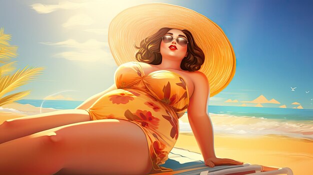 Belle femme de taille plus sur la plage d'été Image de dessin animé ensoleillée Image générée par l'IA