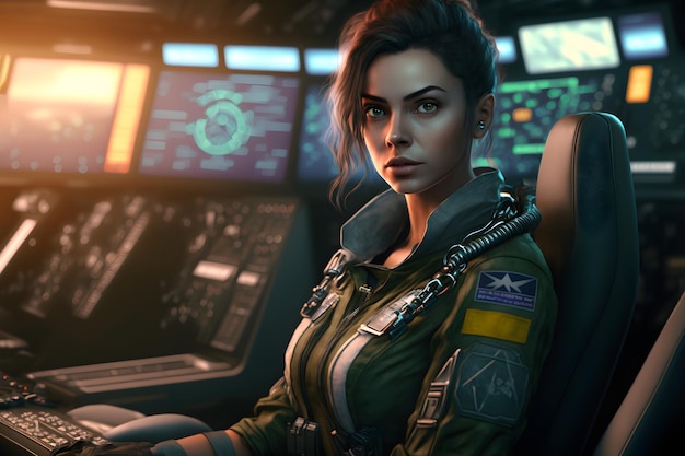 Belle femme en tant que capitaine d'un vaisseau spatial assis dans le centre de commandement art généré par un réseau de neurones de science-fiction de style militaire