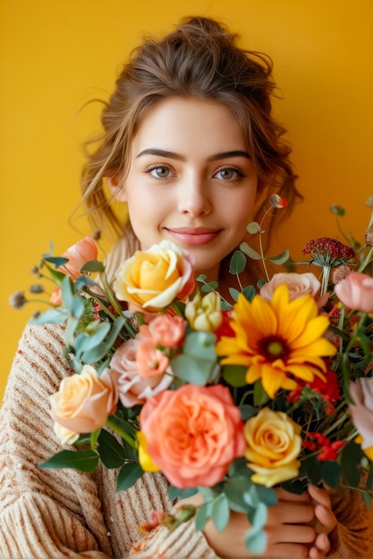 Une belle femme tenant un bouquet de fleurs