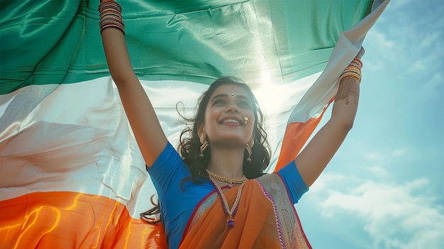 Photo une belle femme tenant un drapeau indien