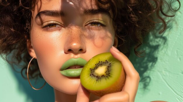 Une belle femme tenant un kiwi vert et son rouge à lèvres est vert