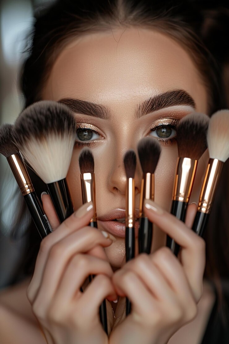 Photo une belle femme tenant des pinceaux de maquillage devant son visage