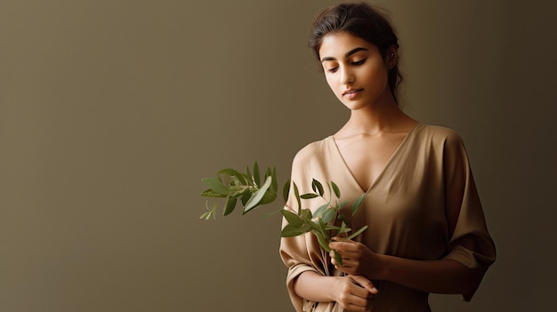 Belle femme tenant une plante sur fond de studio concept de cosmétiques bio généré par ai