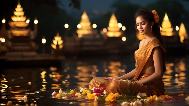 Photo belle femme thaïlandaise en robe thaïlandaise sur un fond en bois et tenant un krathong générer ai