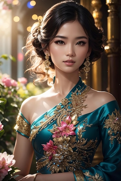 une belle femme thaïlandaise vêtue d'une robe thaïlandaise bleue et de bijoux en or IA générative