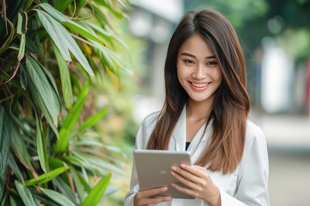 une belle femme tient une tablette informatique