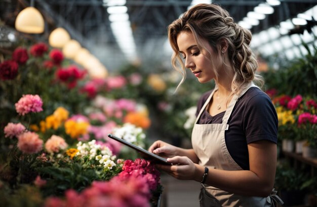 Photo belle femme travaillant dans une serre de fleurs vérifiant les ordres sur la tablette