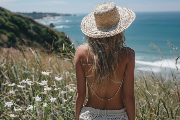 Une belle femme en vacances avec des cheveux longs se tient sur la plage générée par l'IA