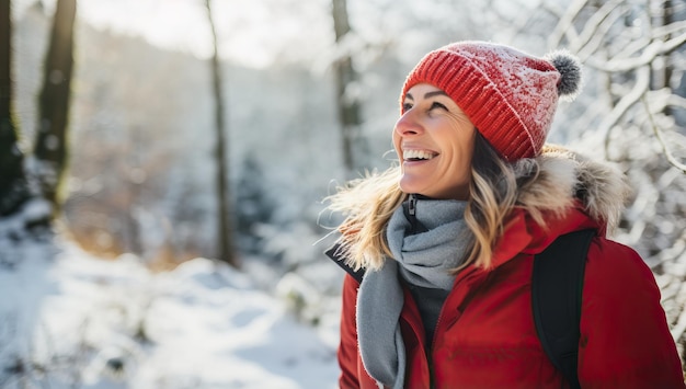 Belle femme en veste rouge et chapeau dans la forêt enneigée d'hiver