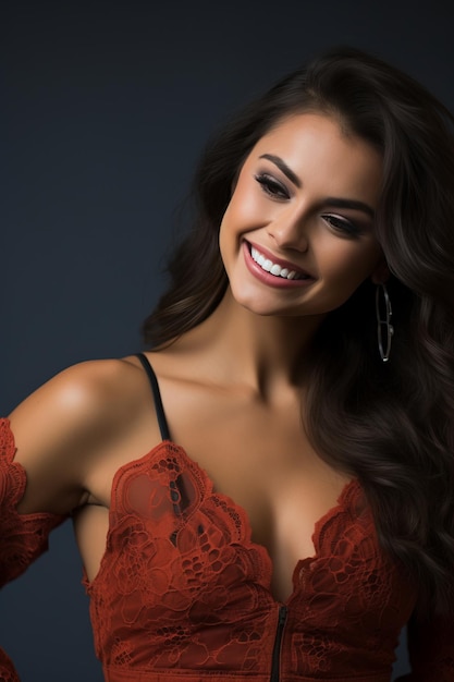 une belle femme vêtue d'une robe rouge souriante