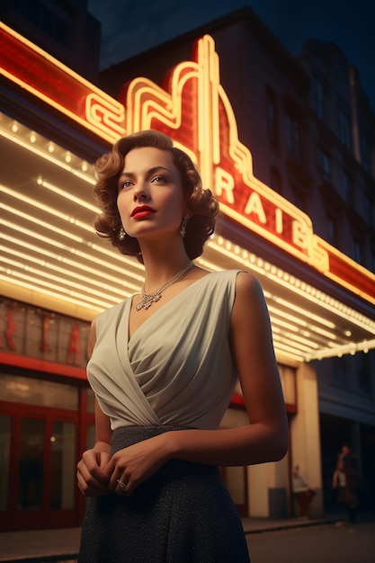 Photo une belle femme vêtue de vêtements des années 1930 se tient devant un théâtre marqué 