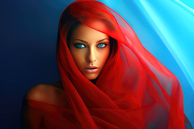 Une belle femme avec un voile rouge et un fond bleu.