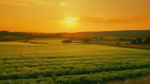 Belle ferme locale avec coucher de soleil dans le champ de campagne Generative AI