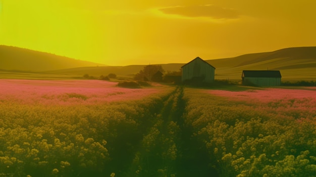 Belle ferme locale avec coucher de soleil dans le champ de campagne Generative AI