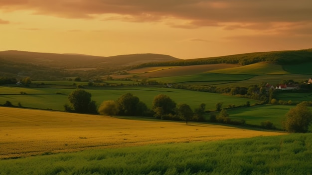 Belle ferme locale avec coucher de soleil dans le champ de campagne Generative AI