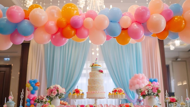 Une belle fête d'anniversaire avec un grand arc de ballon en arrière-plan et un gâteau décoré sur une table à l'avant
