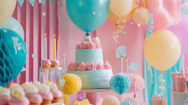 Une belle fête d'anniversaire avec un thème bleu et rose Il y a des ballons des bandes et un gâteau avec deux niveaux