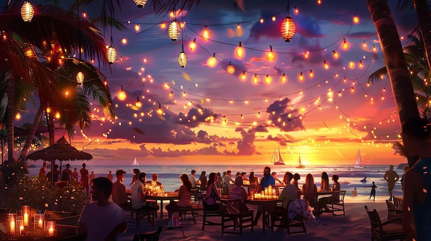 Photo une belle fête d'été sur la plage avec des gens qui apprécient le coucher de soleil, qui boivent et qui s'amusent, la plage est décorée de lumières et de lanternes.