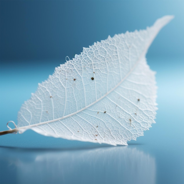 Belle feuille squelettée blanche sur bleu clair